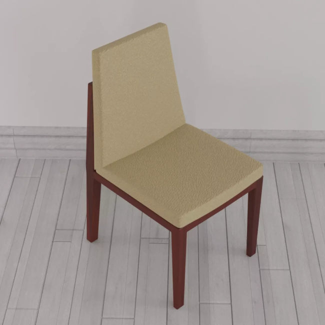 Beige upholstered chair with wooden legs on a white floor and wall