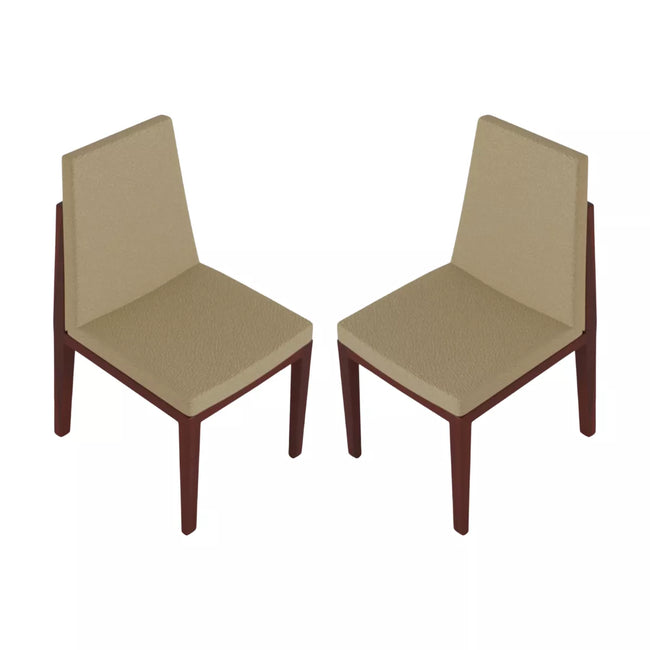 Two beige upholstered chairs with wooden frames on a white background