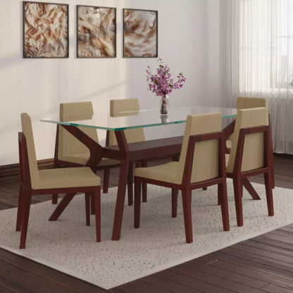 Hendrick Sculptural Wooden Base 6 Seater Glass Top Dining Table