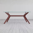 Modern glass dining table with wooden legs