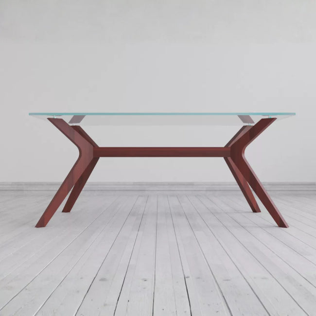 Modern glass dining table with wooden legs