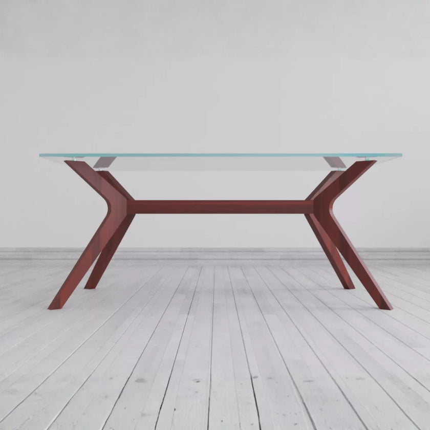 Modern glass dining table with wooden legs