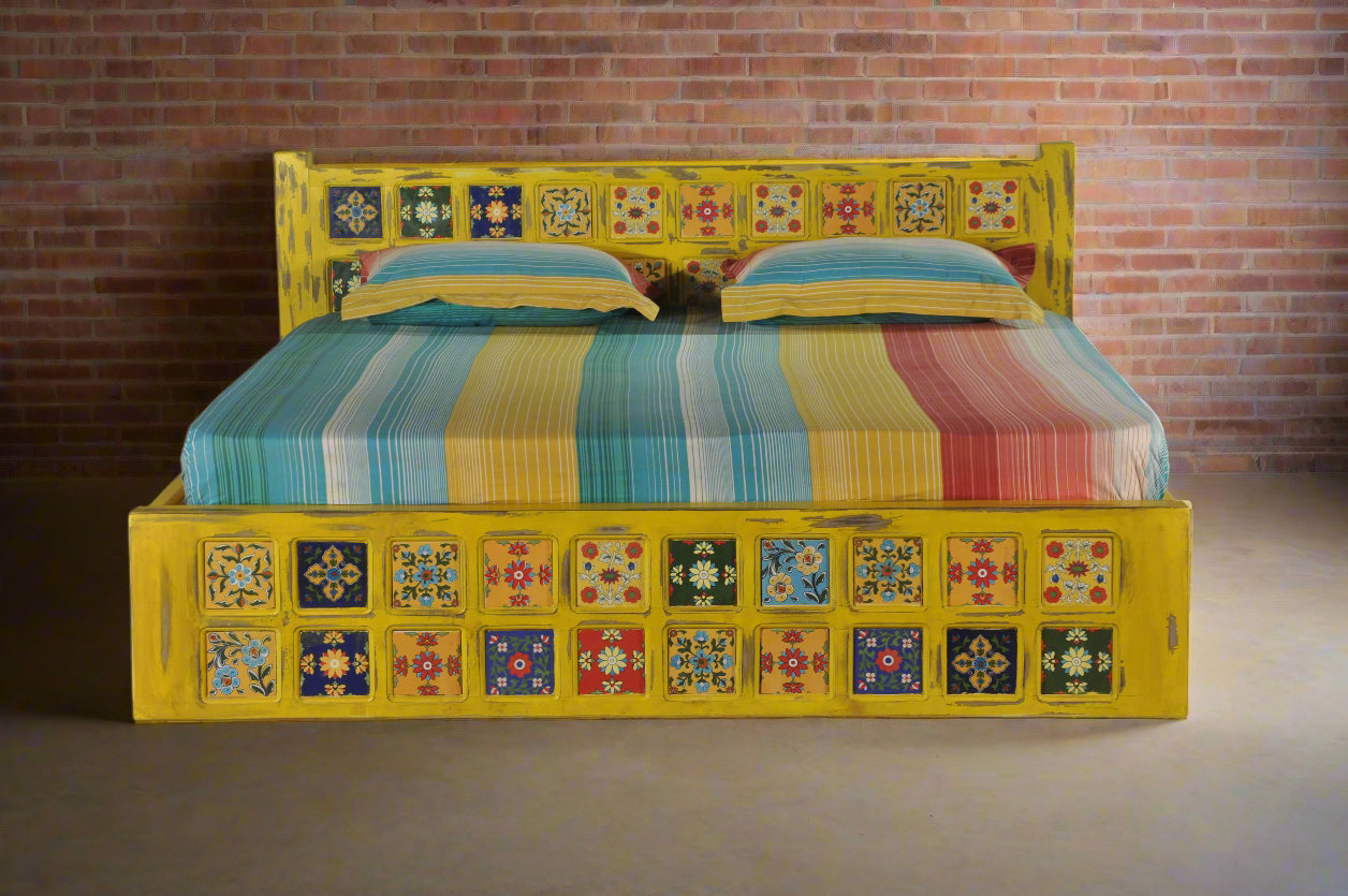 Vintage Charm by Induscraft: Solid Wood Bed in King & Queen Sizes with Storage Options – Bohemian Style