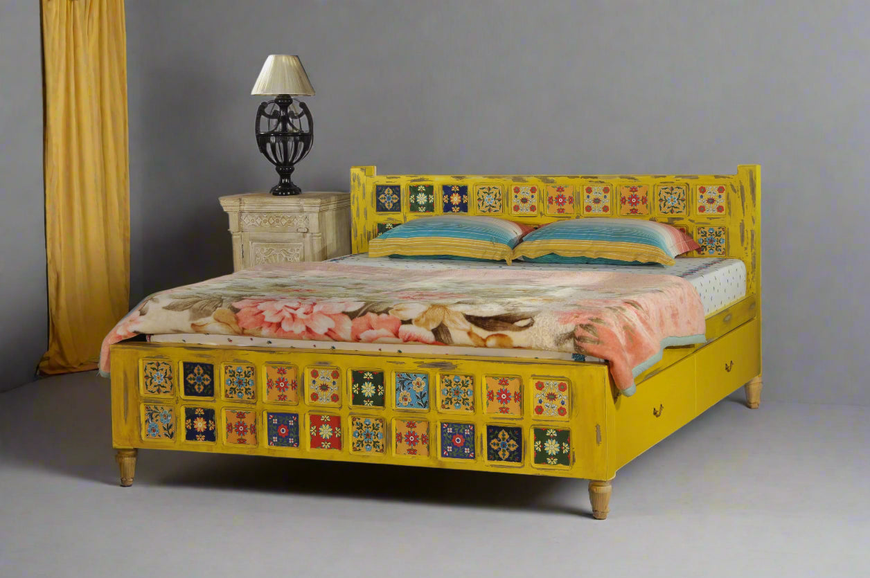 Vintage Charm by Induscraft: Solid Wood Bed in King & Queen Sizes with Storage Options – Bohemian Style