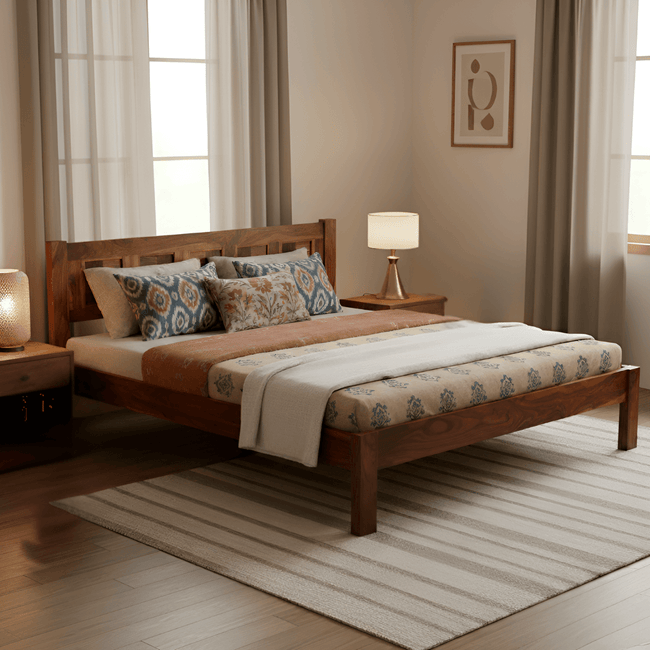 Jacky Contemporary Sheesham Wood Bed with Fluted Block Headboard