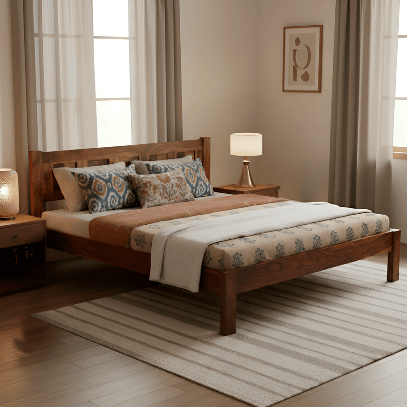 Jacky Solid Sheesham Wood Bed with Fluted Block Headboard