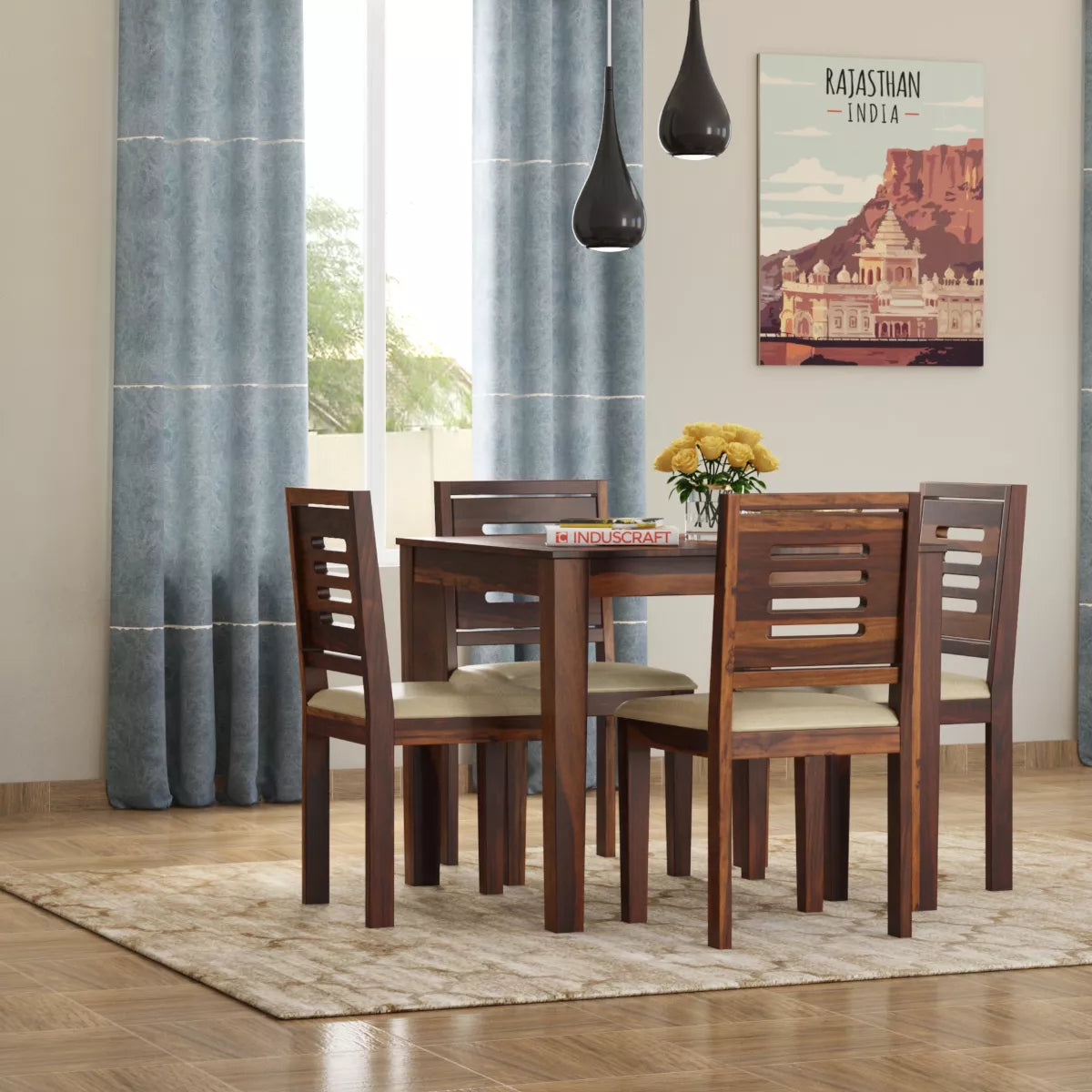 Joshua Sheesham Modern 4 Chair Dining Set for Compact Spaces