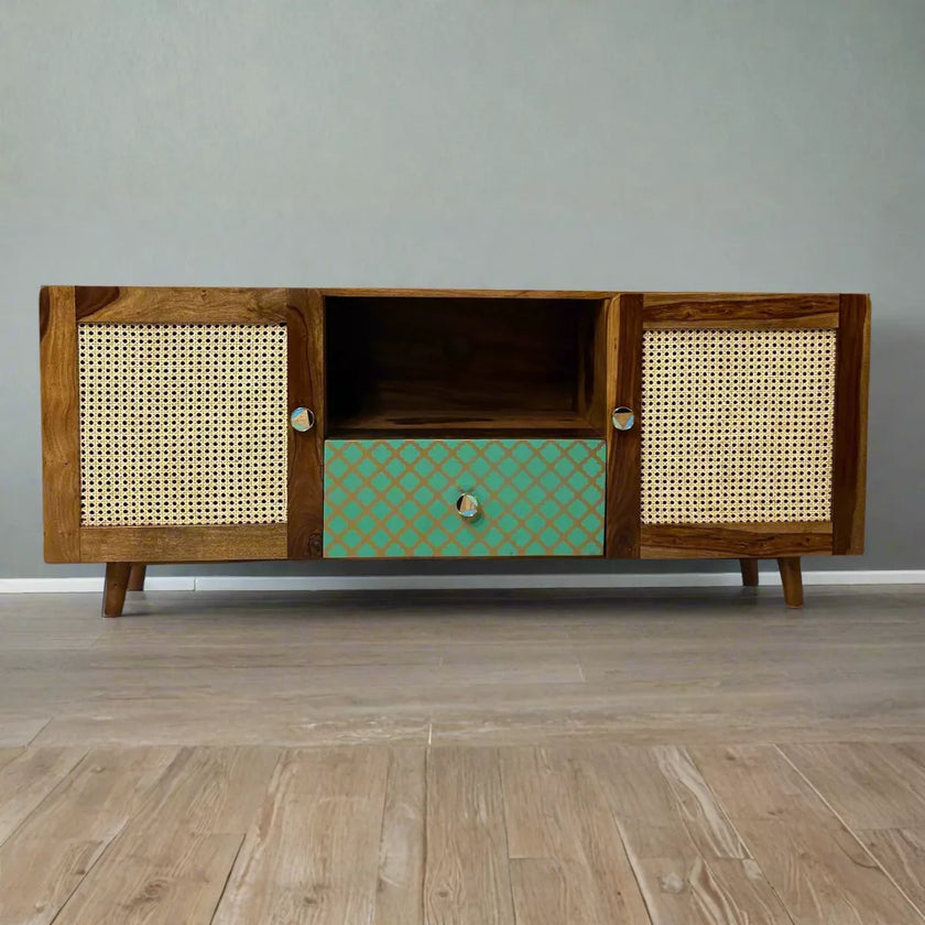 Jukebox Sheesham Mid-Century Modern Cane Door TV Unit