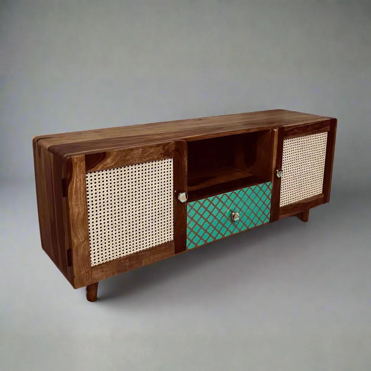 Jukebox Sheesham Mid-Century Modern Cane Door TV Unit