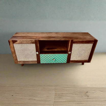 Jukebox Sheesham Mid-Century Modern Cane Door TV Unit