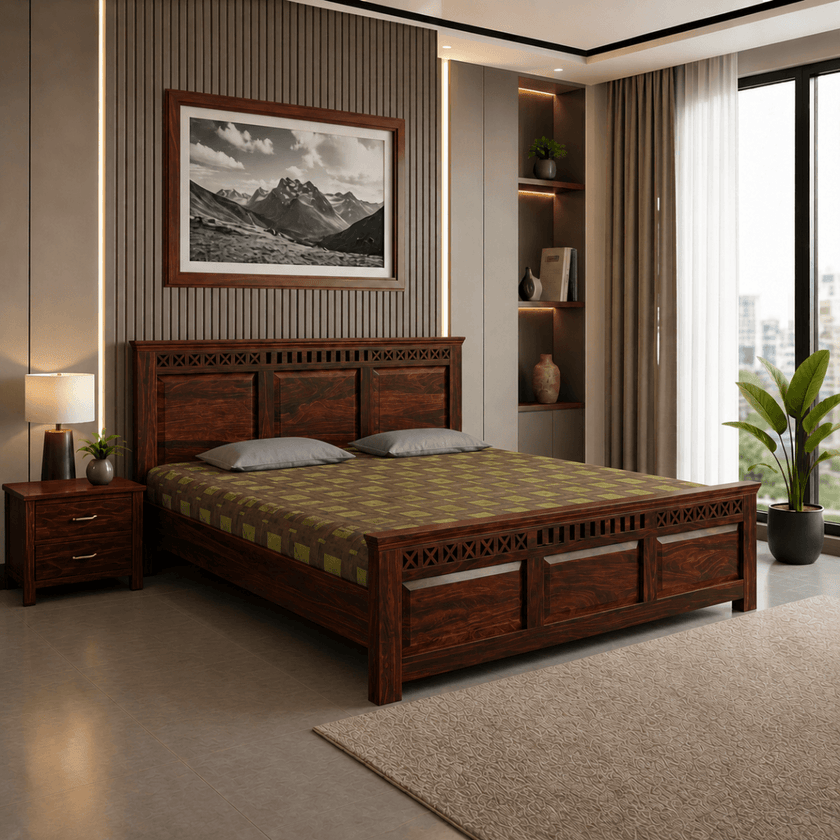 Karya Solid Sheesham Wood Bed with Designer Headboard