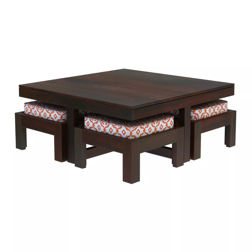 Khimsar Modern Sheesham Wood Square Coffee Table with 4 Stools - Induscraft