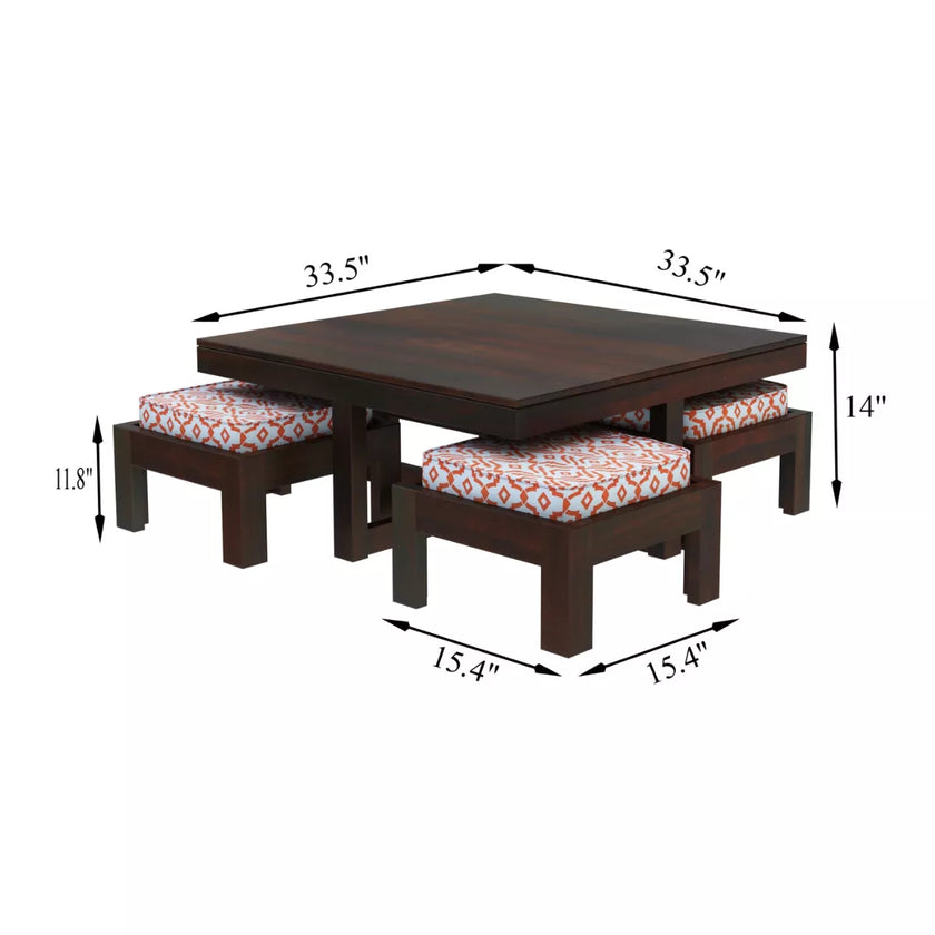 Khimsar Modern Sheesham Wood Square Coffee Table with 4 Stools - Induscraft