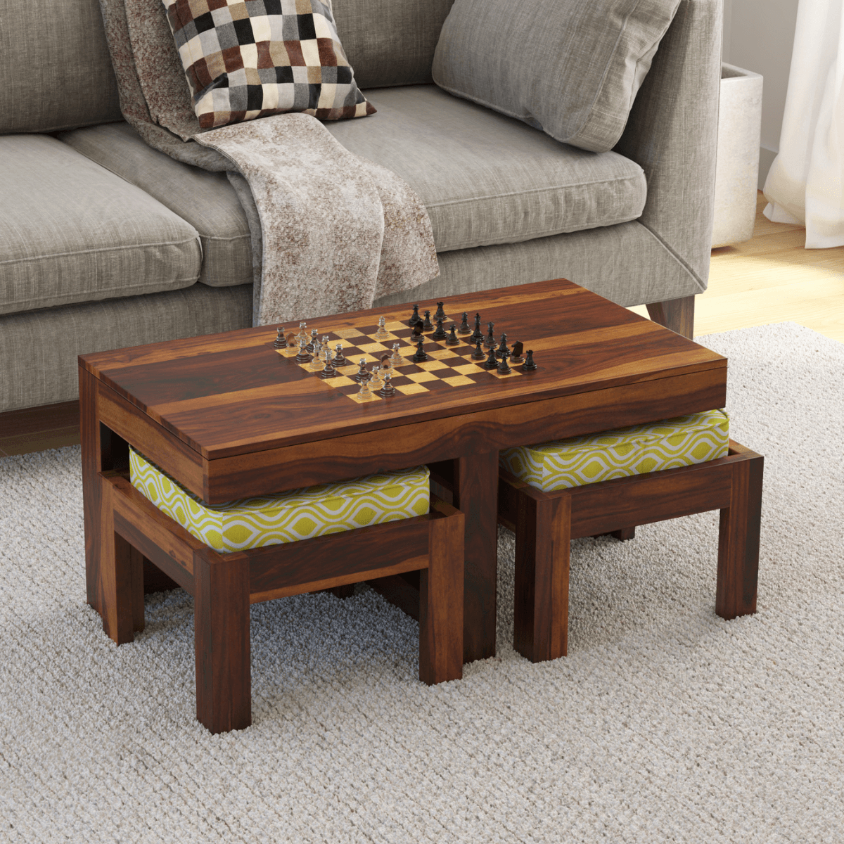 Khimsar Sheesham Rectangular Chess Board Coffee Table with 2 Stools