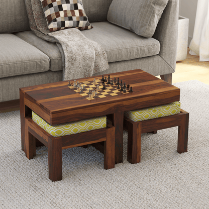 Khimsar Sheesham Rectangular Chess Board Coffee Table with 2 Stools