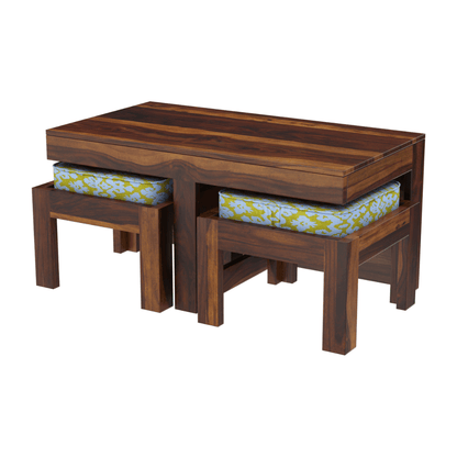 Khimsar Sheesham Wood Rectangular Coffee Table with 2 Stools
