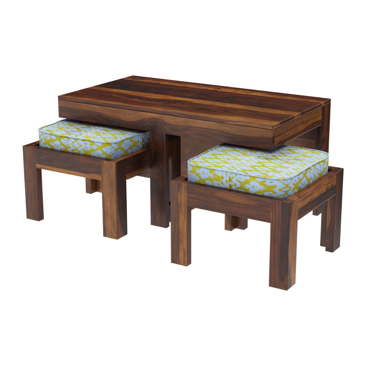 Khimsar Sheesham Wood Rectangular Coffee Table with 2 Stools