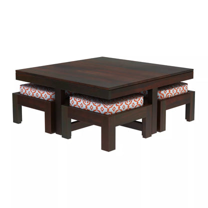 Khimsar Modern Sheesham Wood Square Coffee Table with 4 Stools