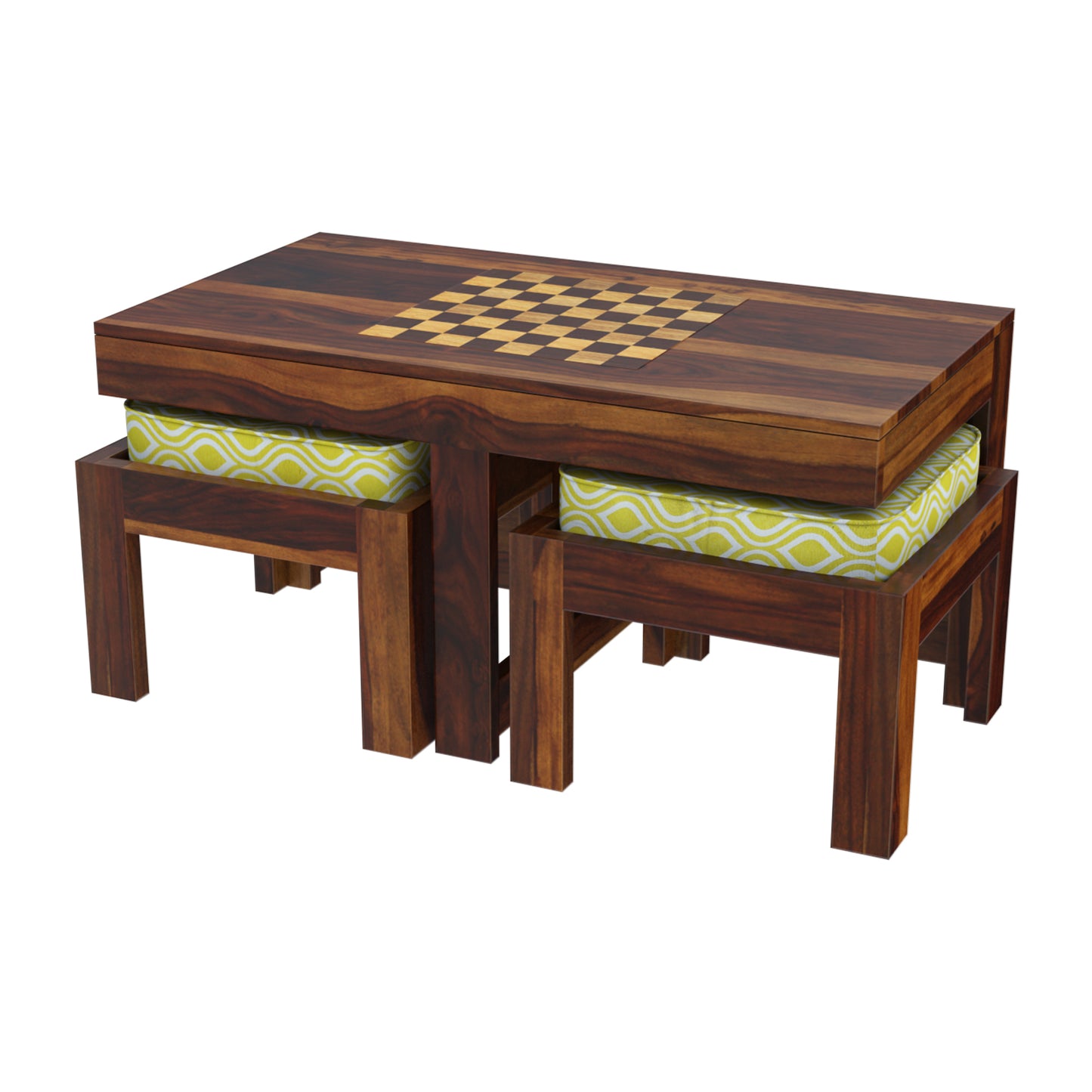 Khimsar Sheesham Rectangular Chess Board Coffee Table with 2 Stools  - 45 degree Angle
