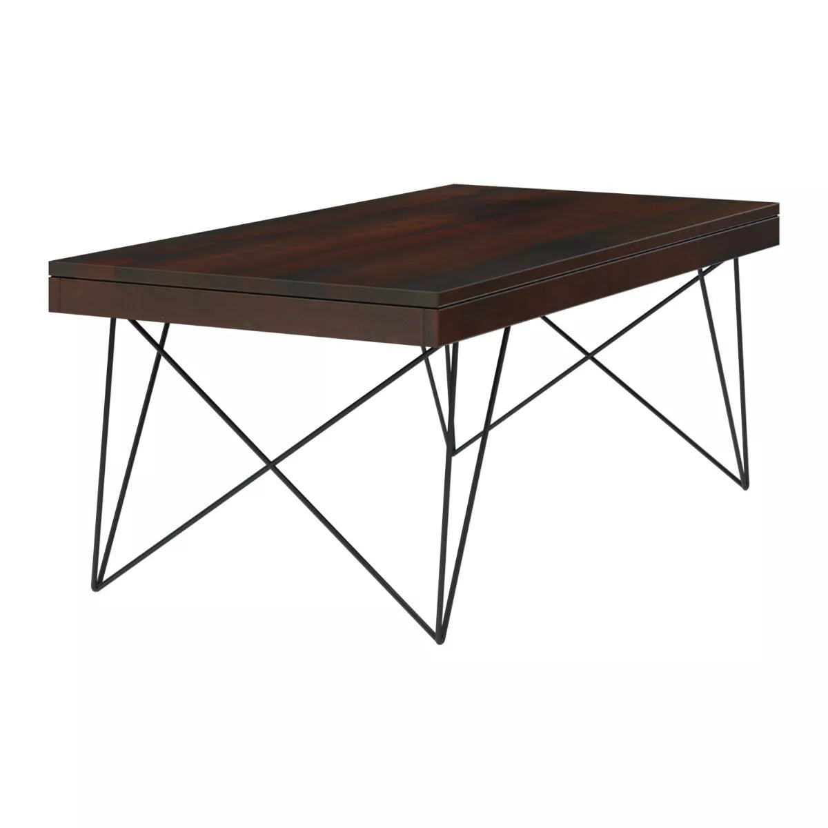 Wooden table with black metal legs on a white background