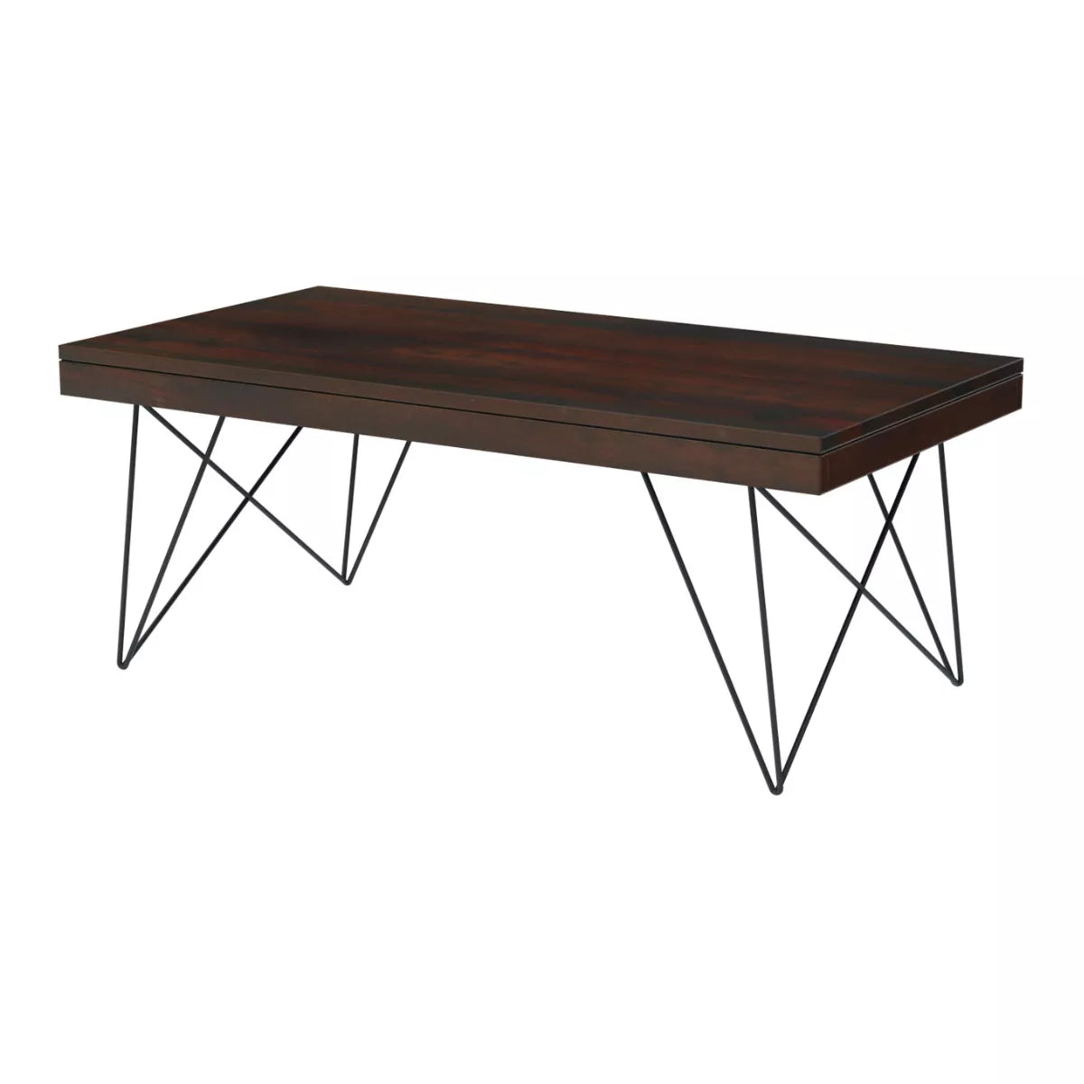 Wooden table with black metal legs on a white background