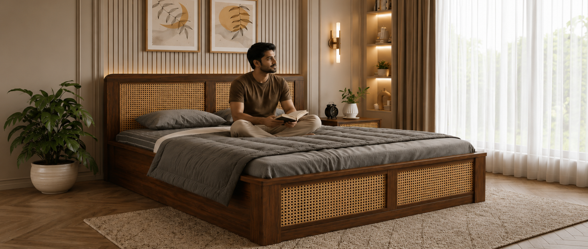 Kontour-Sheesham-Wood-Platform-Bed with-Cane-Headboard