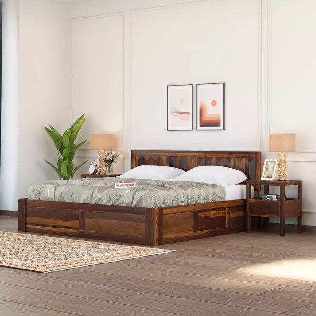 Sheesham wood bed with matching nightstands in a bedroom setting