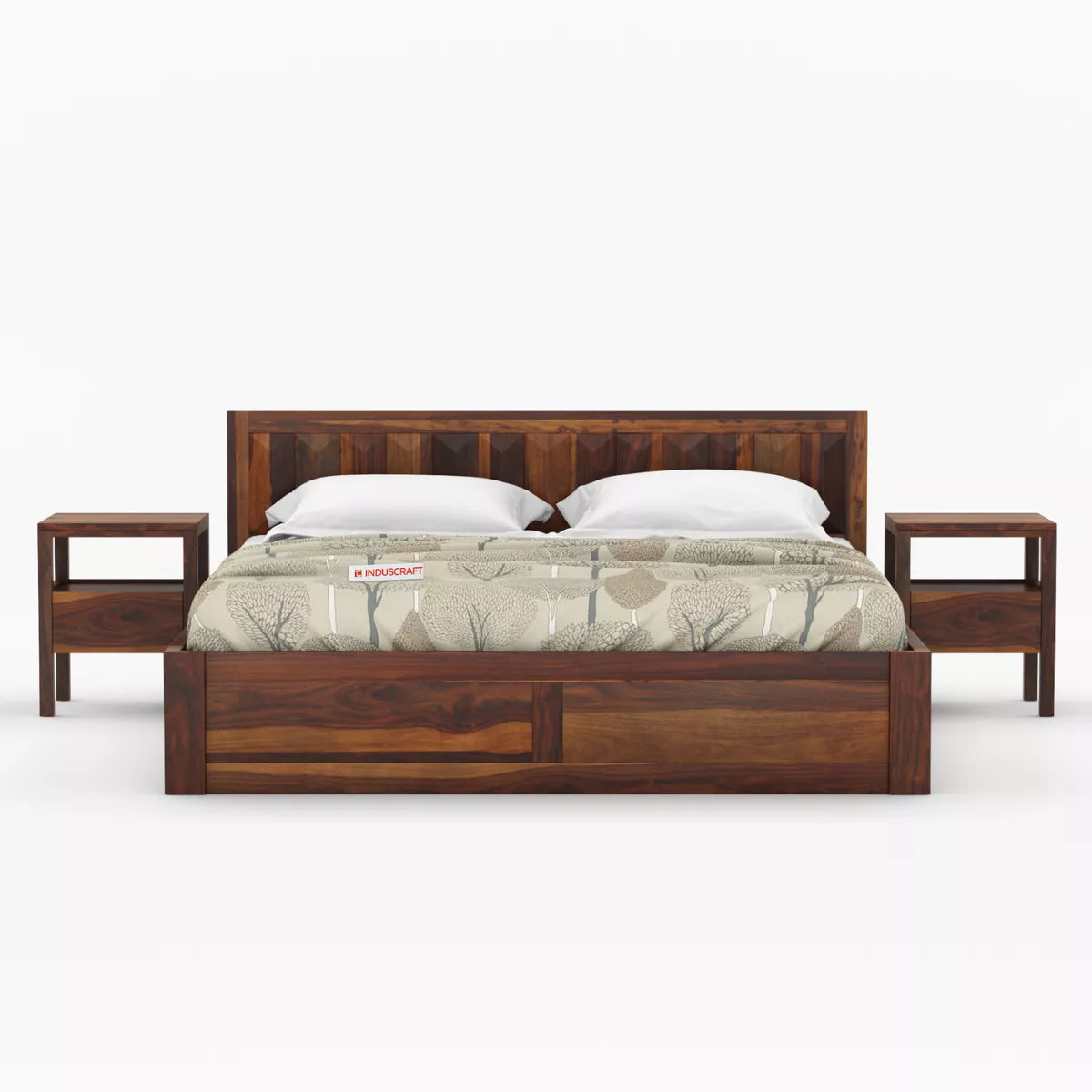 Wooden bed with matching side tables on a white background
