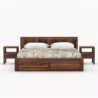 La-Diode Modern Sheesham Wood Platform Bed with Geometric Pattern Headboard