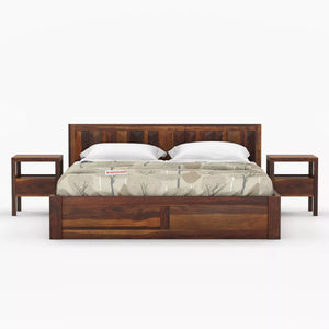 Wooden bed with matching side tables on a white background
