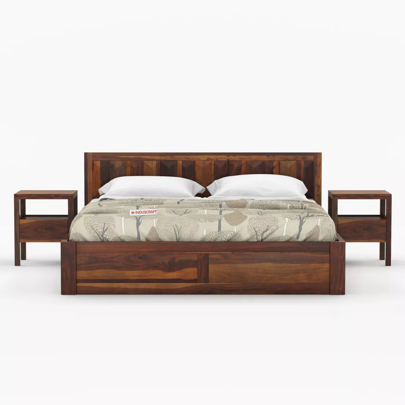 Wooden bed with matching side tables on a white background