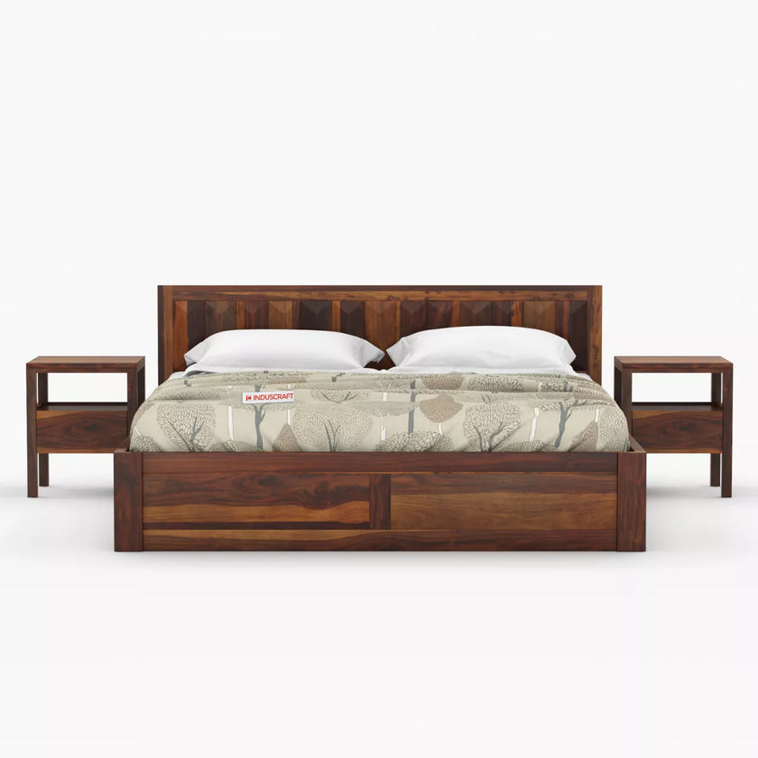 Wooden bed with matching side tables on a white background