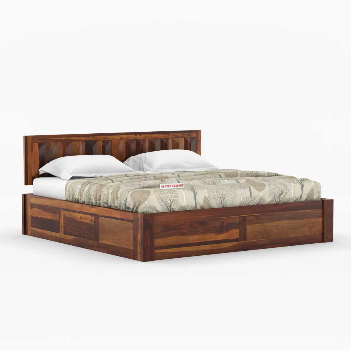 sheesham bed with mattress and pillows on a white background