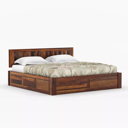 La-Diode Modern Sheesham Wood Platform Bed with Geometric Pattern Headboard