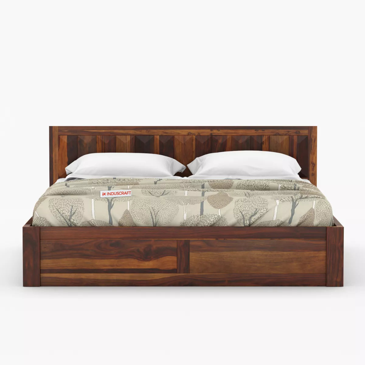 La-Diode Modern Sheesham Wood Platform Bed with Geometric Pattern Headboard