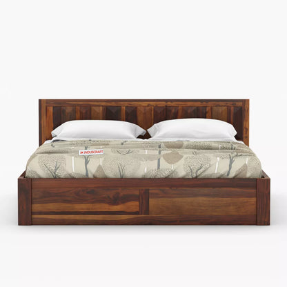 La-Diode Modern Sheesham Wood Platform Bed with Geometric Pattern Headboard