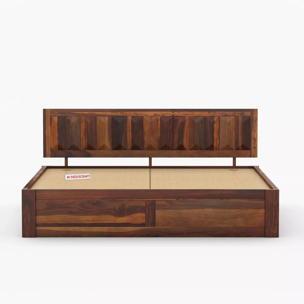 Wooden bed frame with storage drawers on a white background