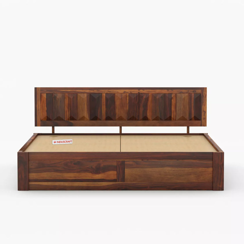 Wooden bed frame with storage drawers on a white background