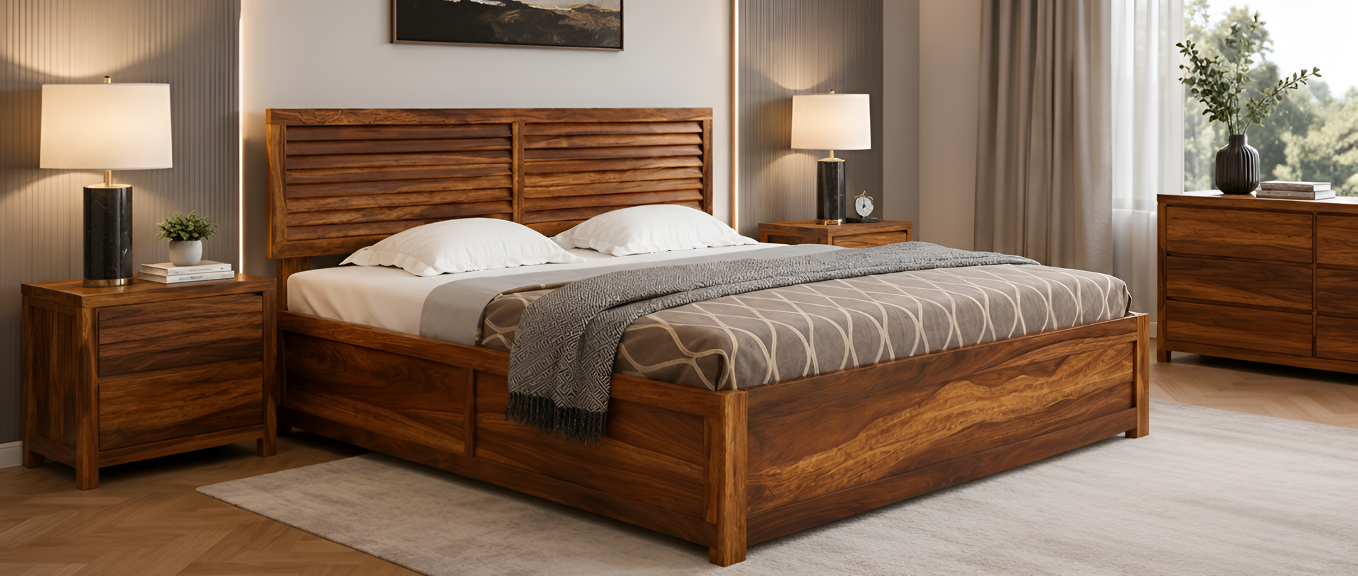 Louver Solid Wood Platform Bed with Slatted Headboard