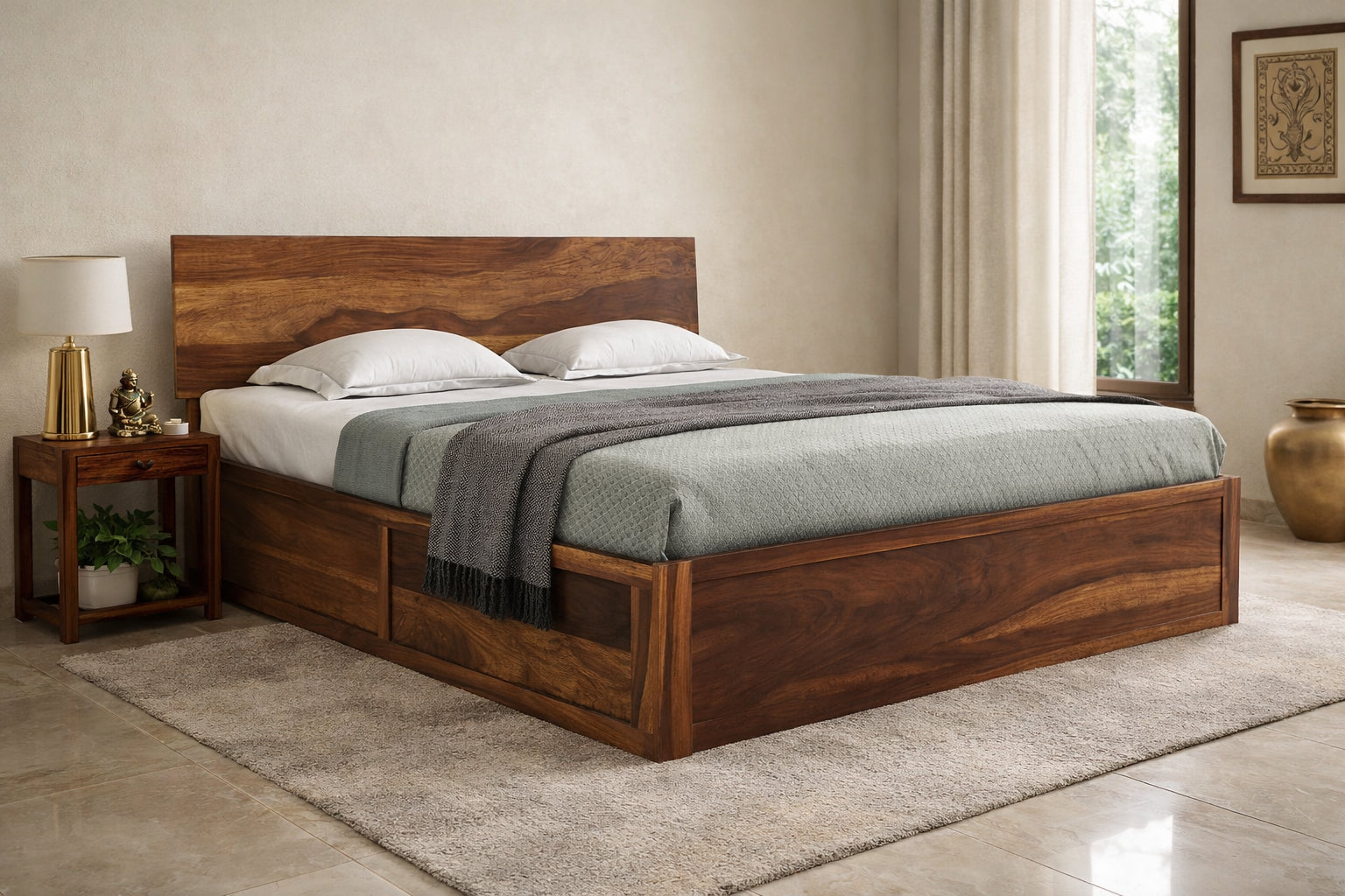 Low Profile Solid Wood Platform Bed with Storage in a Premium Bedroom, Isometriv View