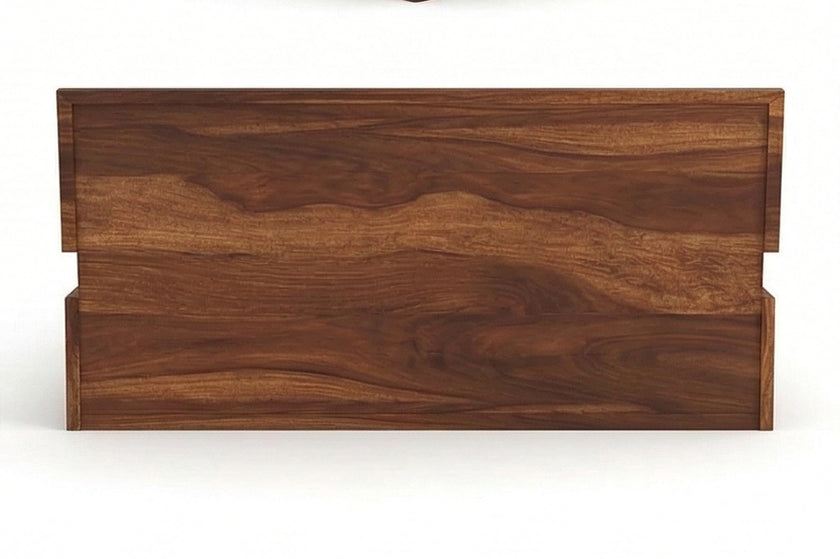 Low Profile Solid Wood Platform Bed with Storage in a White Background, Back View