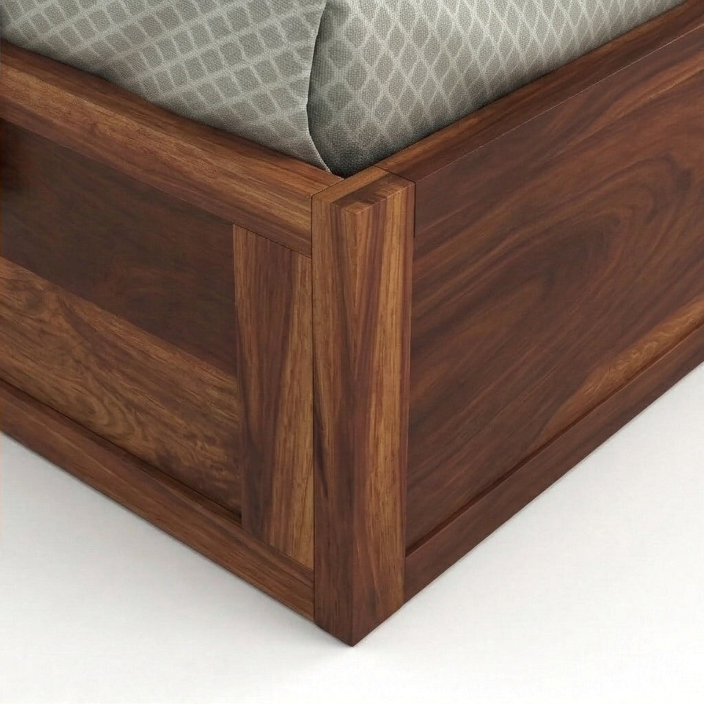 Low Profile Solid Wood Platform Bed with Storage in a White Background, Corner Closeup View