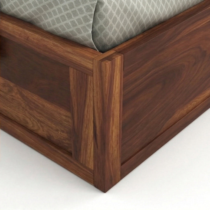 Low Profile Solid Wood Platform Bed with Storage in a White Background, Corner Closeup View