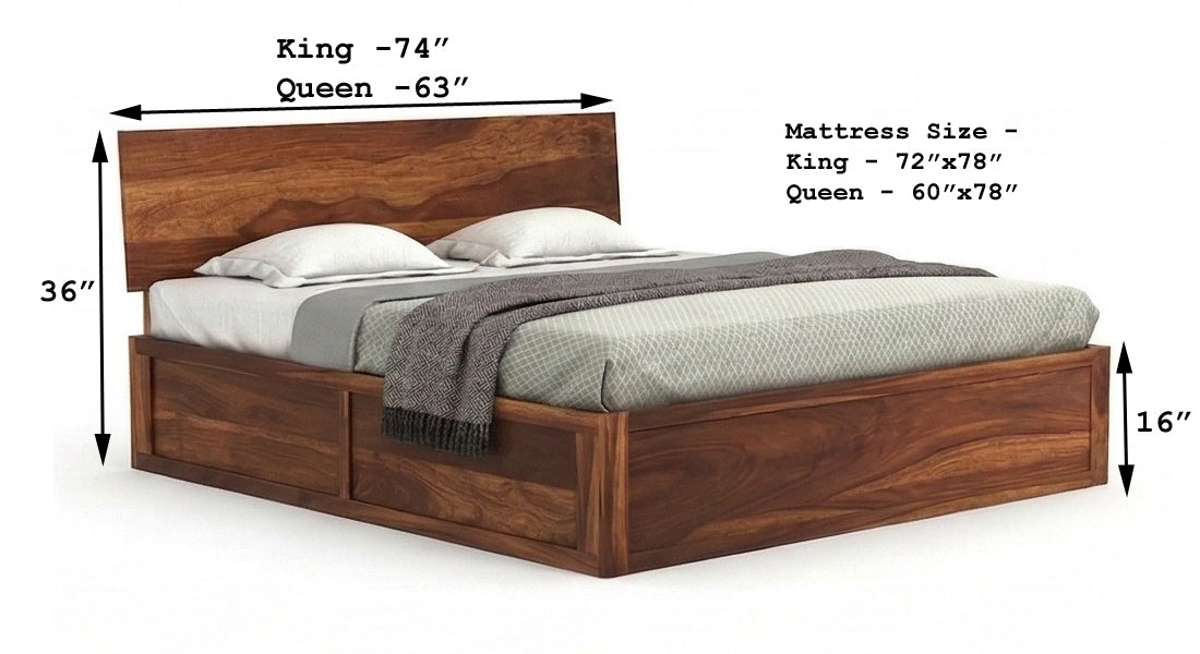 Low Profile Solid Wood Platform Bed with Storage in a White Background, Dimensions
