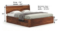 Low Profile Solid Wood Platform Bed with Storage in a White Background, Dimensions
