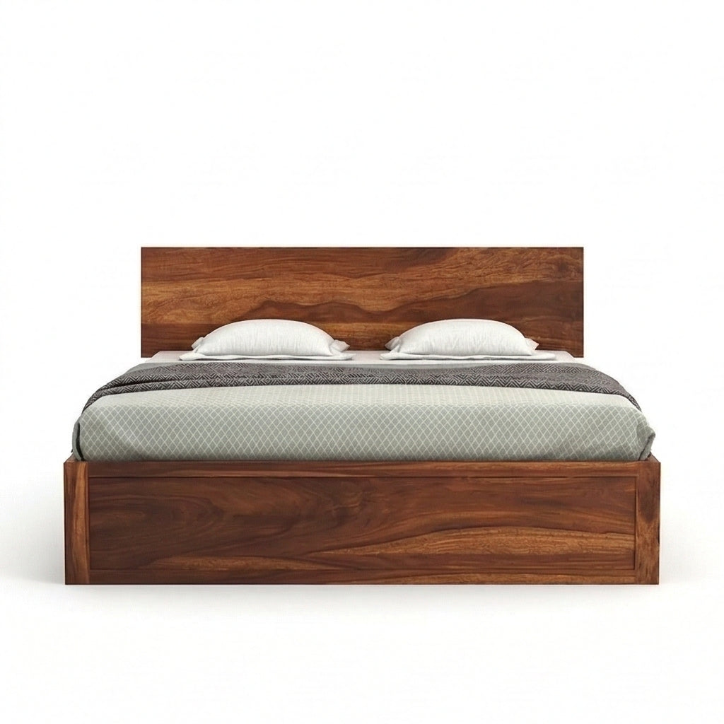 Low Profile Solid Wood Platform Bed with Storage in a White Background, Front View