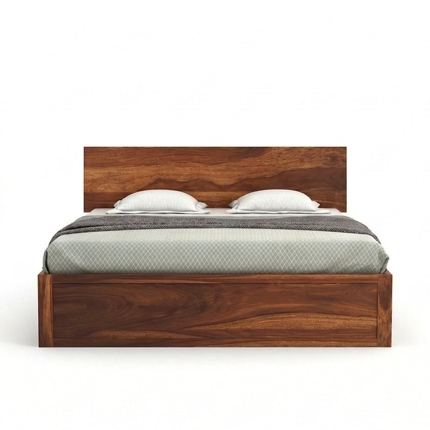Low Profile Solid Wood Platform Bed with Storage in a White Background, Front View