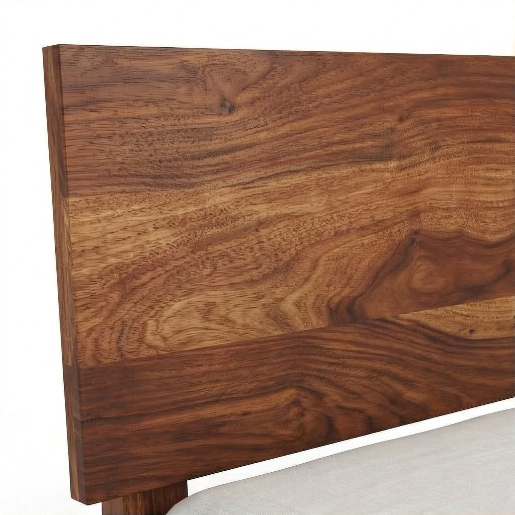 Low Profile Solid Wood Platform Bed with Storage in a White Background, Headboard Closeup View