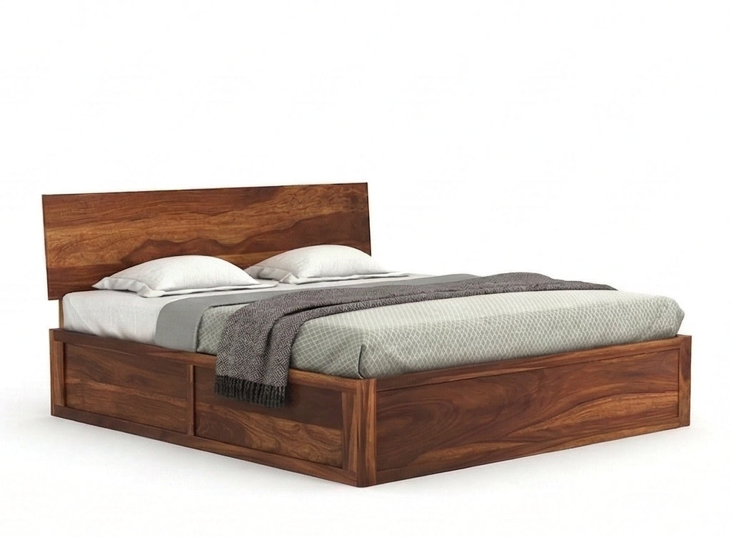 Low Profile Solid Wood Platform Bed with Storage in a White Background, Isometric View
