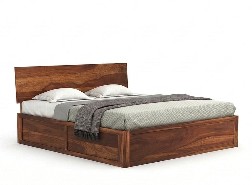 Low Profile Solid Wood Platform Bed with Storage in a White Background, Isometric View